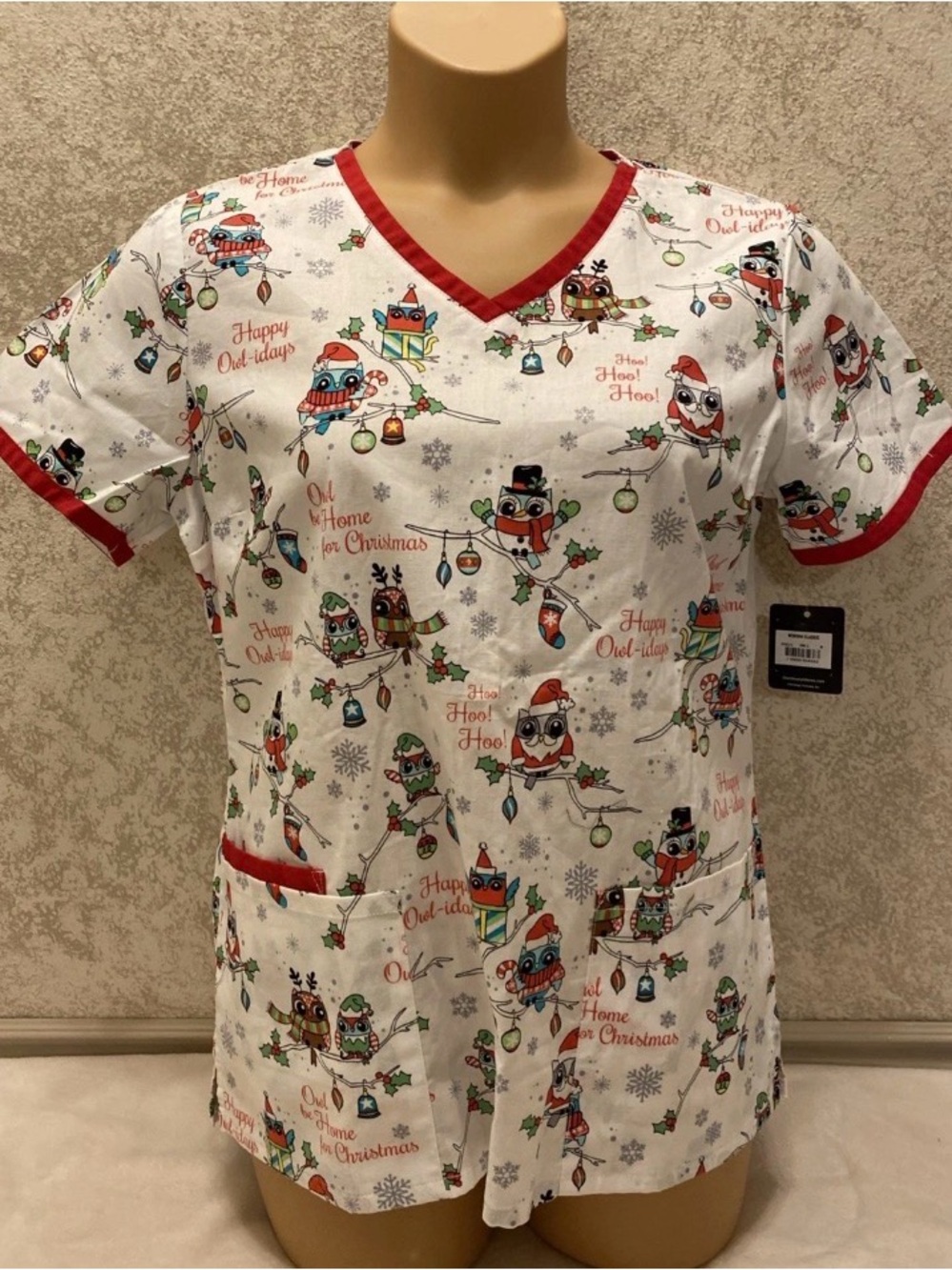 Cherokee White Owl Christmas Print Scrub Top with Red Trim